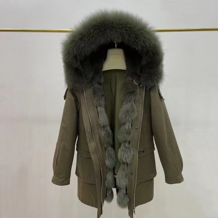 Γυναικείο γούνινο παλτό από τρίχωμα λαγού, με γιακά από γούνα αλεπούς, με αποσπώμενο εσωτερικό, μακριά μανίκια, ρετρό στυλ