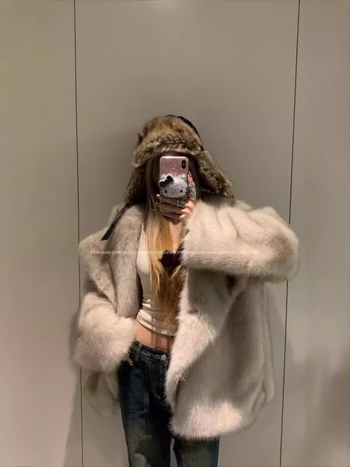 Női műszőrmés rókafaros kabát, hosszú ujjú, rever gallér, utcai stílus, műszőrme