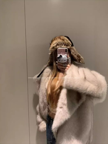 Női műszőrmés rókafaros kabát, hosszú ujjú, rever gallér, utcai stílus, műszőrme