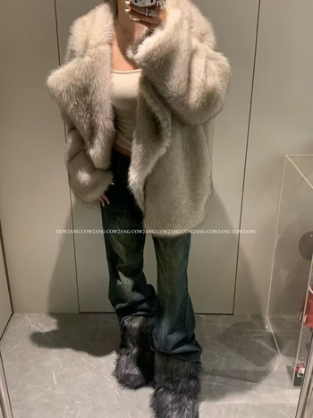 Női műszőrmés rókafaros kabát, hosszú ujjú, rever gallér, utcai stílus, műszőrme