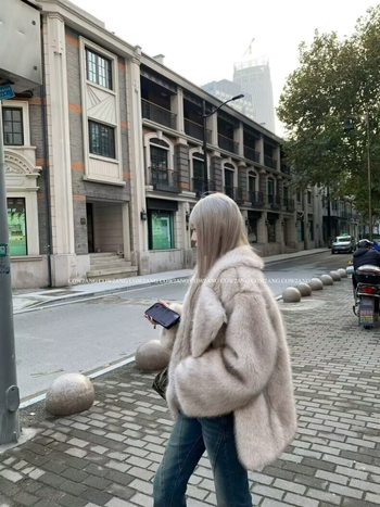 Női műszőrmés rókafaros kabát, hosszú ujjú, rever gallér, utcai stílus, műszőrme