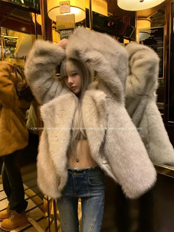 Női műszőrmés rókafaros kabát, hosszú ujjú, rever gallér, utcai stílus, műszőrme