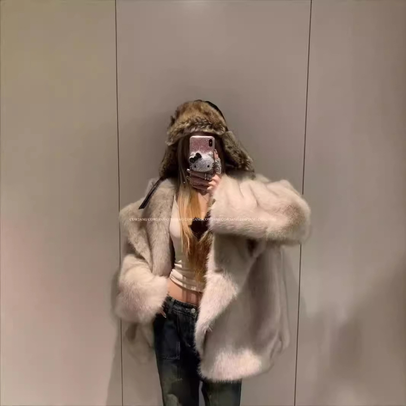 Női műszőrmés rókafaros kabát, hosszú ujjú, rever gallér, utcai stílus, műszőrme