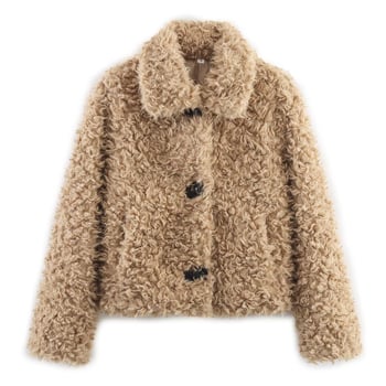 Palton damă din poliester cu finisaj blană artificială, croială lejeră, guler rotund, lungime medie 50–65 cm