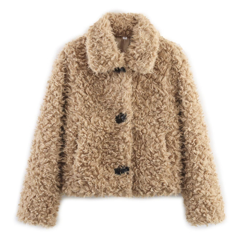 Palton damă din poliester cu finisaj blană artificială, croială lejeră, guler rotund, lungime medie 50–65 cm