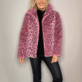 Ženski vuneni kaput s leopard uzorkom, rever, zatvara se s dva gumba, kratkog kroja, jesen 2024