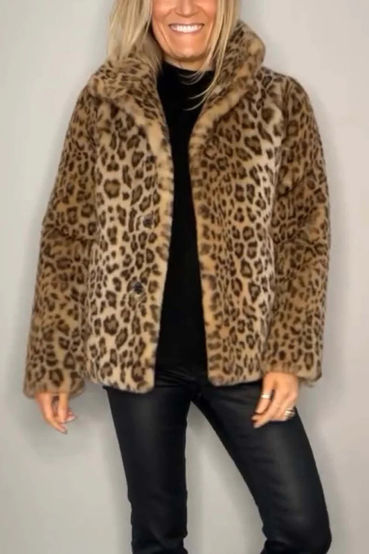 Ženski vuneni kaput s leopard uzorkom, rever, zatvara se s dva gumba, kratkog kroja, jesen 2024
