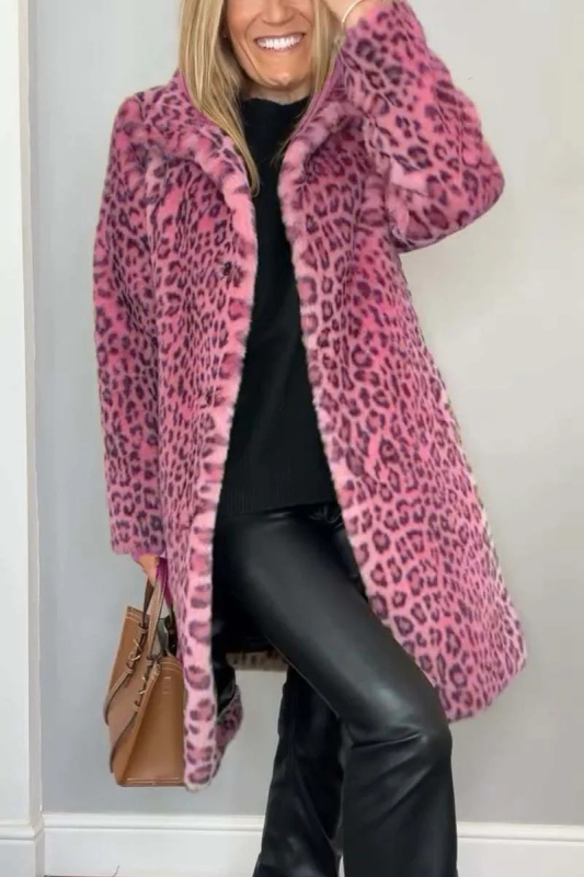 Ženski vuneni kaput s leopard uzorkom, rever, zatvara se s dva gumba, kratkog kroja, jesen 2024