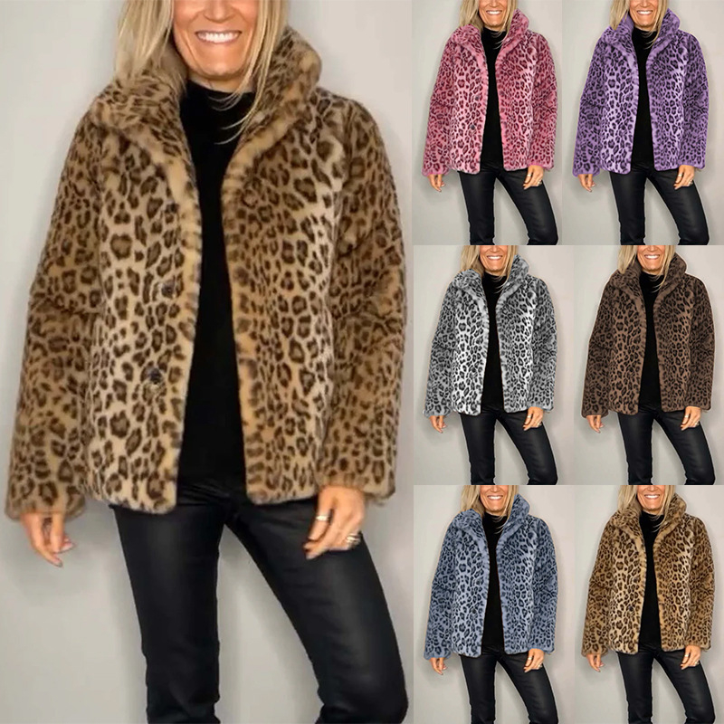 Ženski vuneni kaput s leopard uzorkom, rever, zatvara se s dva gumba, kratkog kroja, jesen 2024