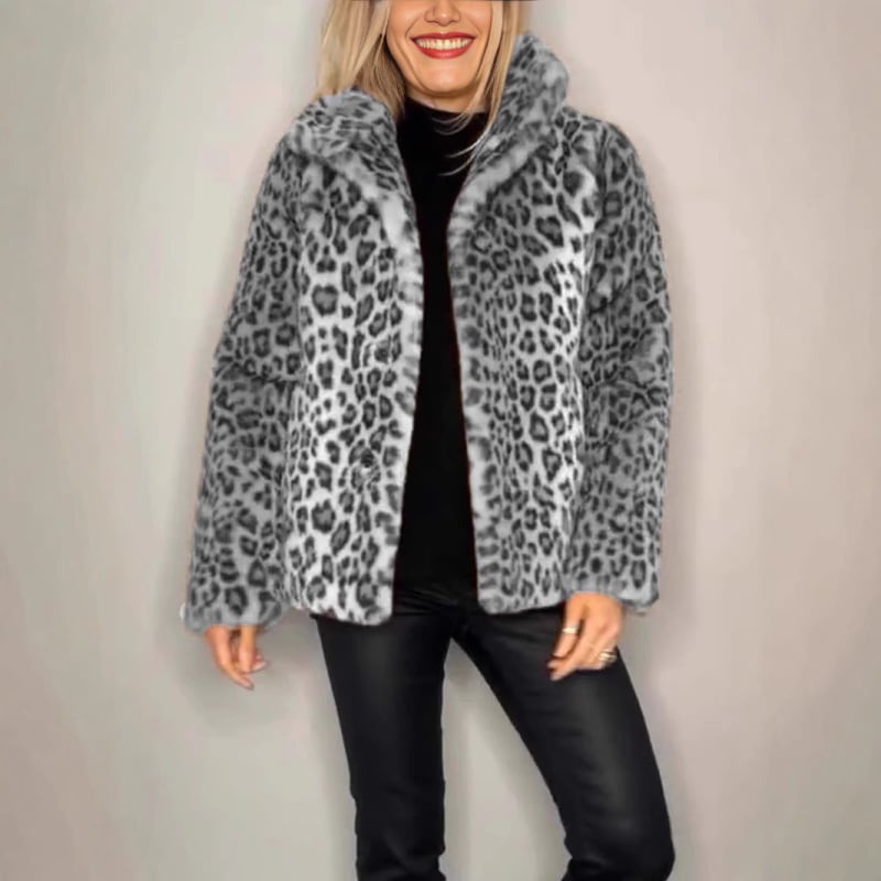 Ženski vuneni kaput s leopard uzorkom, rever, zatvara se s dva gumba, kratkog kroja, jesen 2024