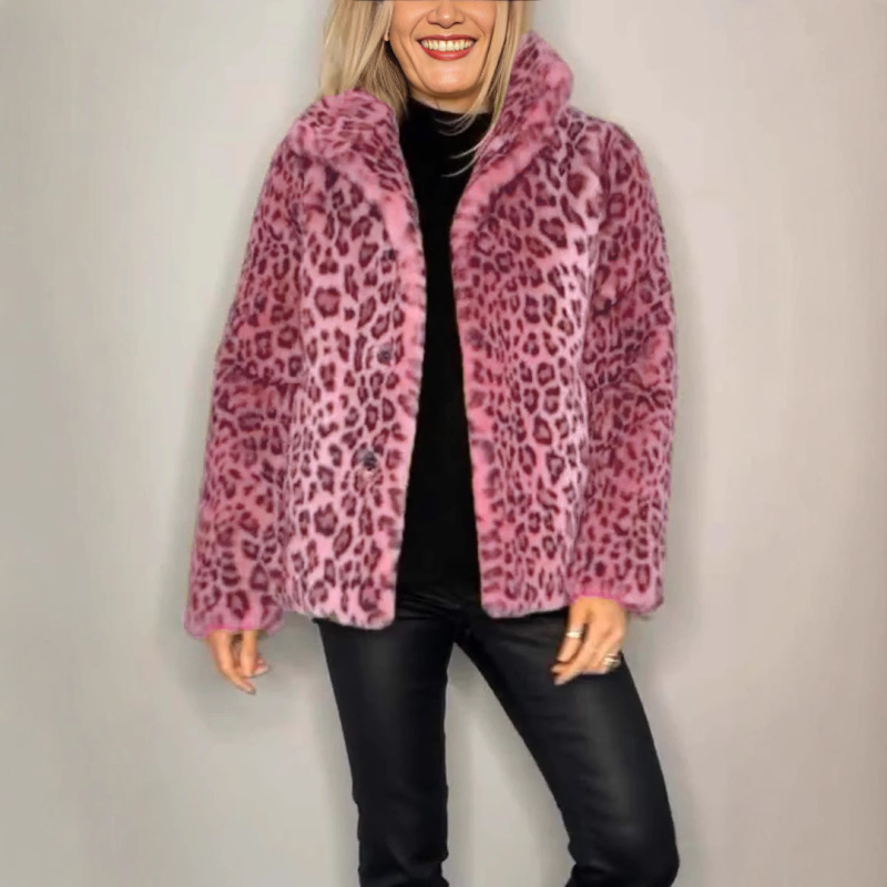 Ženski vuneni kaput s leopard uzorkom, rever, zatvara se s dva gumba, kratkog kroja, jesen 2024