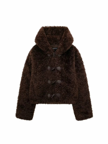 Kaput s efektom krzna, Maillard čvor kopča, polarni fleece tkanina, širok kroj, kapuljača