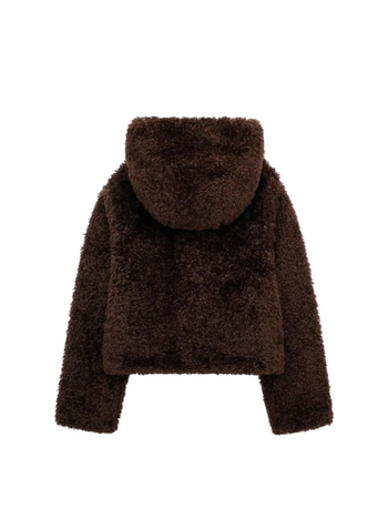 Kaput s efektom krzna, Maillard čvor kopča, polarni fleece tkanina, širok kroj, kapuljača