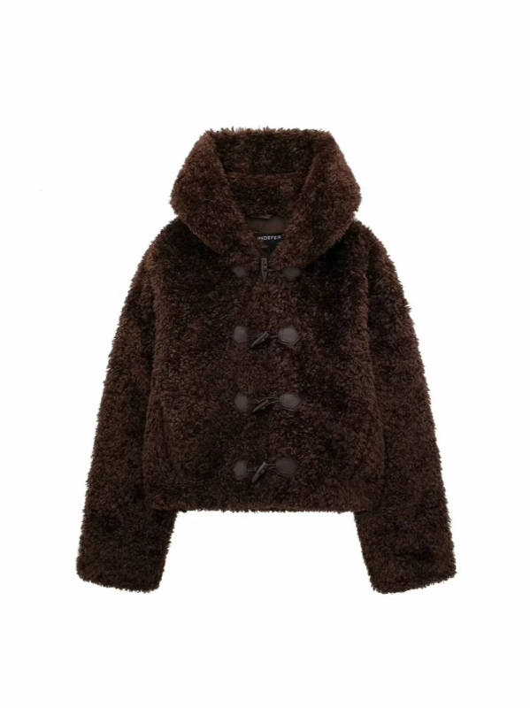 Kaput s efektom krzna, Maillard čvor kopča, polarni fleece tkanina, širok kroj, kapuljača