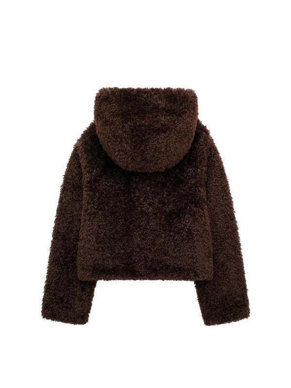 Kaput s efektom krzna, Maillard čvor kopča, polarni fleece tkanina, širok kroj, kapuljača