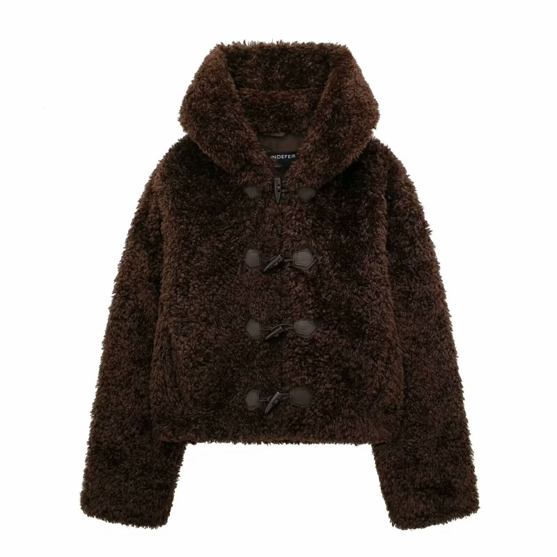 Kaput s efektom krzna, Maillard čvor kopča, polarni fleece tkanina, širok kroj, kapuljača