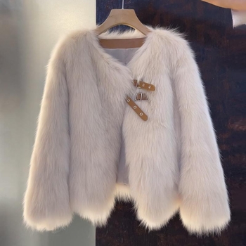 Ženski kratki kaput od umjetne lisice, polo ovratnik, dugi rukavi, podstava od poliestera, sadržaj umjetne krznovine <30%, Chanel inspiriran stil, mali parfem, proljeće 2025 izdanje