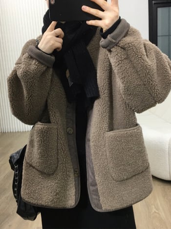 Jachetă din Chenille cu Spandex, croială lejeră, guler polo, închidere cu nasturi pe un rând, pentru femei