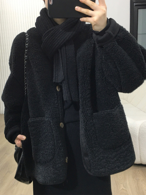 Jachetă din Chenille cu Spandex, croială lejeră, guler polo, închidere cu nasturi pe un rând, pentru femei