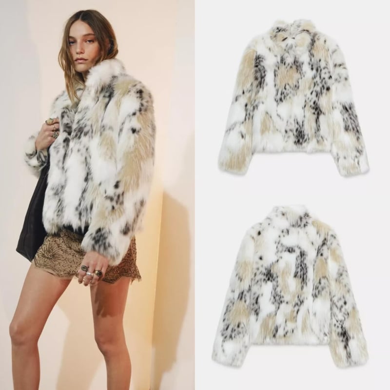 Ženski kaput od umjetnog krzna, street hipster stil, poliester 95%+, duljina 50–65 cm, dugi rukavi