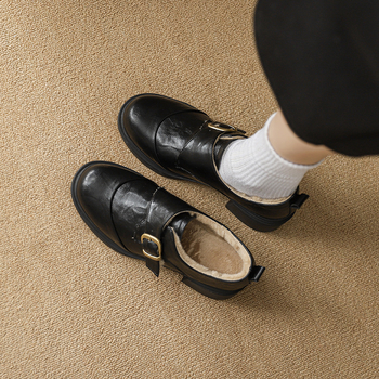 Дамски ретро лофери с кръгъл нос (подплата от полар; средна височина на тока; каишка с катарама; британски стил)