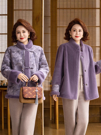 Divpusējs mākslīgās kažokādas mētelis nobriedušām sievietēm, ziemas ārējais apģērbs ar augu un ziedu rakstu, poliestera audums (>95%)