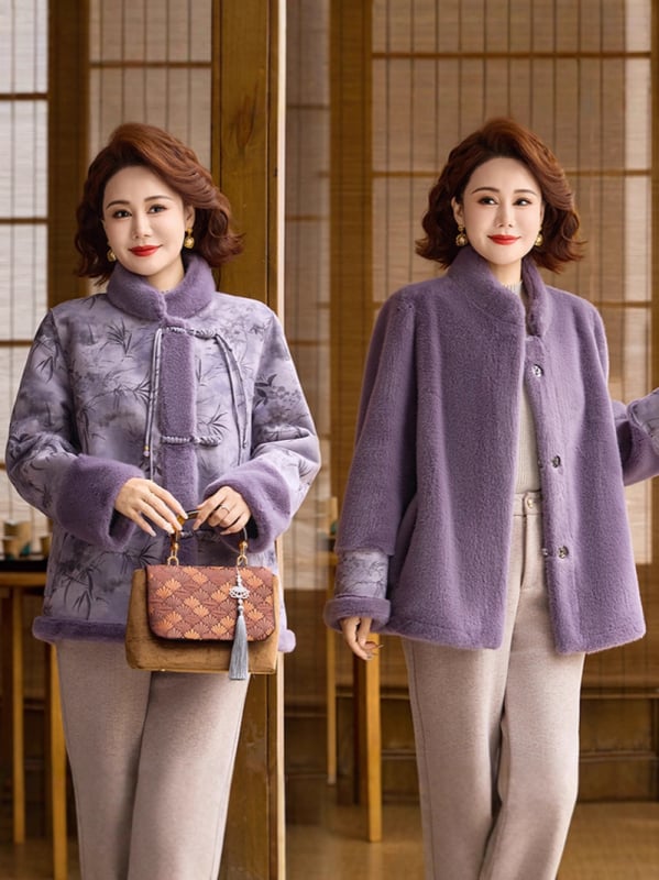 Palton reversibil din blană artificială pentru femei mature, îmbrăcăminte de iarnă, model cu plante și flori, material poliester (>95%)