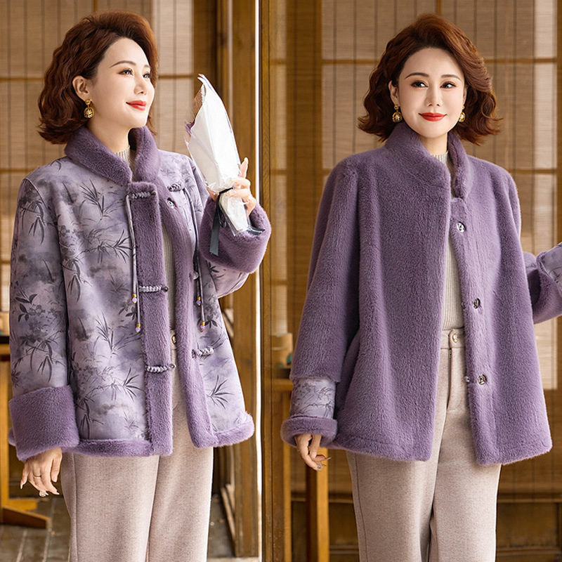 Divpusējs mākslīgās kažokādas mētelis nobriedušām sievietēm, ziemas ārējais apģērbs ar augu un ziedu rakstu, poliestera audums (>95%)