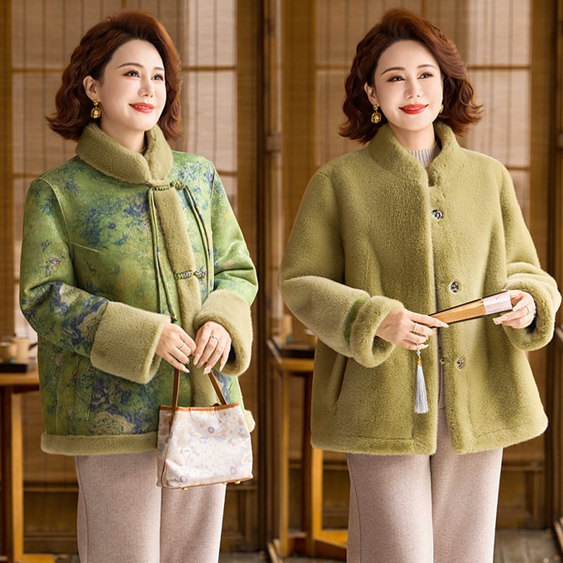 Divpusējs mākslīgās kažokādas mētelis nobriedušām sievietēm, ziemas ārējais apģērbs ar augu un ziedu rakstu, poliestera audums (>95%)