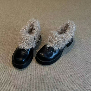 Дамски плоски обувки от първокласна овча кожа с къдрава плюшена подплата — кръгъл нос, дебела подметка, подметка от телешки сухожилие, стелка от естествена кожа