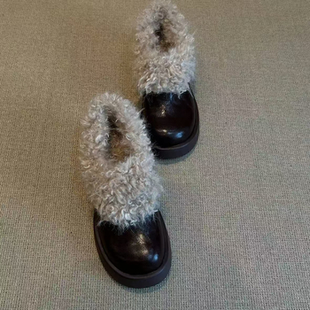 Дамски плоски обувки от първокласна овча кожа с къдрава плюшена подплата — кръгъл нос, дебела подметка, подметка от телешки сухожилие, стелка от естествена кожа