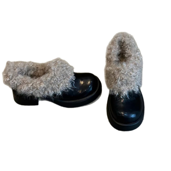 Дамски плоски обувки от първокласна овча кожа с къдрава плюшена подплата — кръгъл нос, дебела подметка, подметка от телешки сухожилие, стелка от естествена кожа