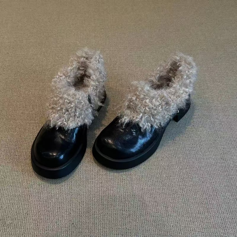 Дамски плоски обувки от първокласна овча кожа с къдрава плюшена подплата — кръгъл нос, дебела подметка, подметка от телешки сухожилие, стелка от естествена кожа