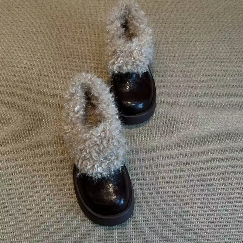Дамски плоски обувки от първокласна овча кожа с къдрава плюшена подплата — кръгъл нос, дебела подметка, подметка от телешки сухожилие, стелка от естествена кожа