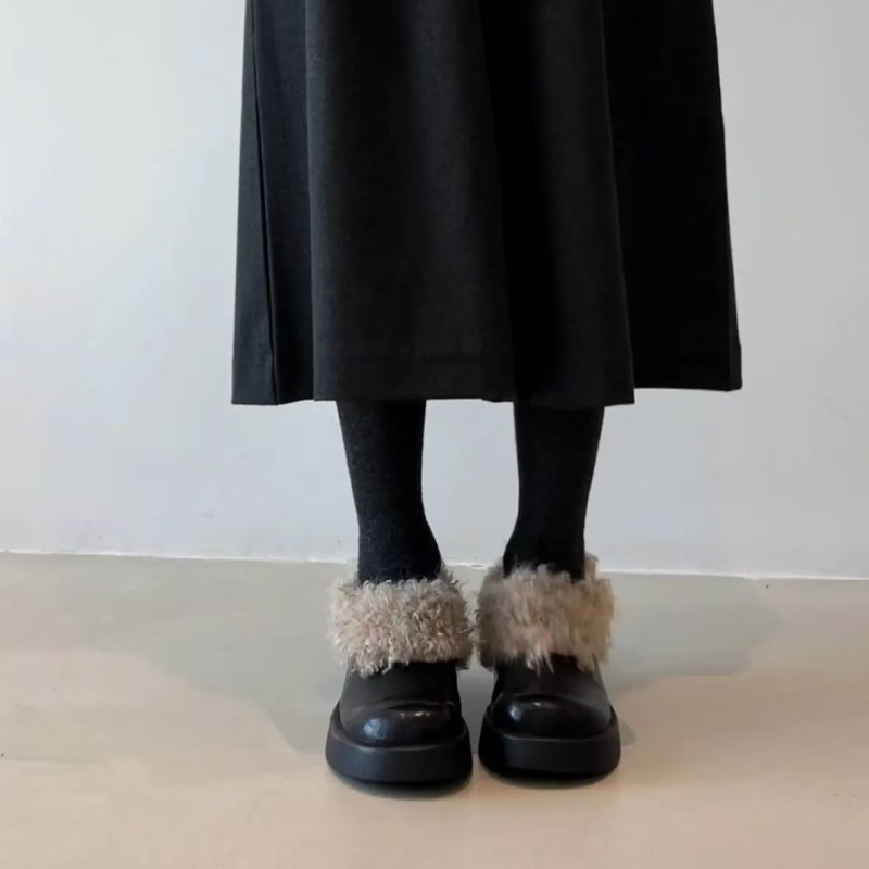 Дамски плоски обувки от първокласна овча кожа с къдрава плюшена подплата — кръгъл нос, дебела подметка, подметка от телешки сухожилие, стелка от естествена кожа