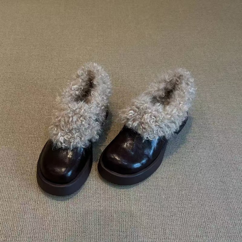 Дамски плоски обувки от първокласна овча кожа с къдрава плюшена подплата — кръгъл нос, дебела подметка, подметка от телешки сухожилие, стелка от естествена кожа