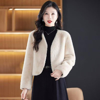 Jachetă pentru femei din blană artificială, decolteu în V, mâneci lungi, material principal: blană artificială; material secundar: catifea întoarsă