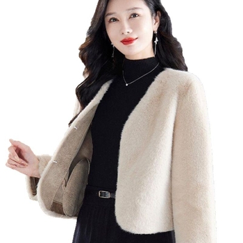 Jachetă pentru femei din blană artificială, decolteu în V, mâneci lungi, material principal: blană artificială; material secundar: catifea întoarsă