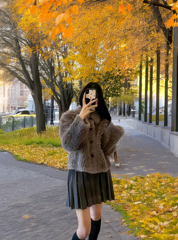 Palton de femei din lână cu blană de miel, stil Tosca scurt, cu blană integrată pentru iarnă, mâneci lungi, guler polo