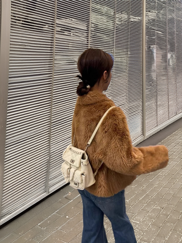 Palton de femei din lână cu blană de miel, stil Tosca scurt, cu blană integrată pentru iarnă, mâneci lungi, guler polo