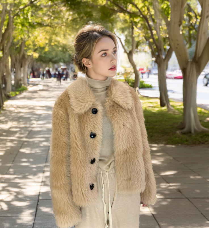 Palton de femei din lână cu blană de miel, stil Tosca scurt, cu blană integrată pentru iarnă, mâneci lungi, guler polo
