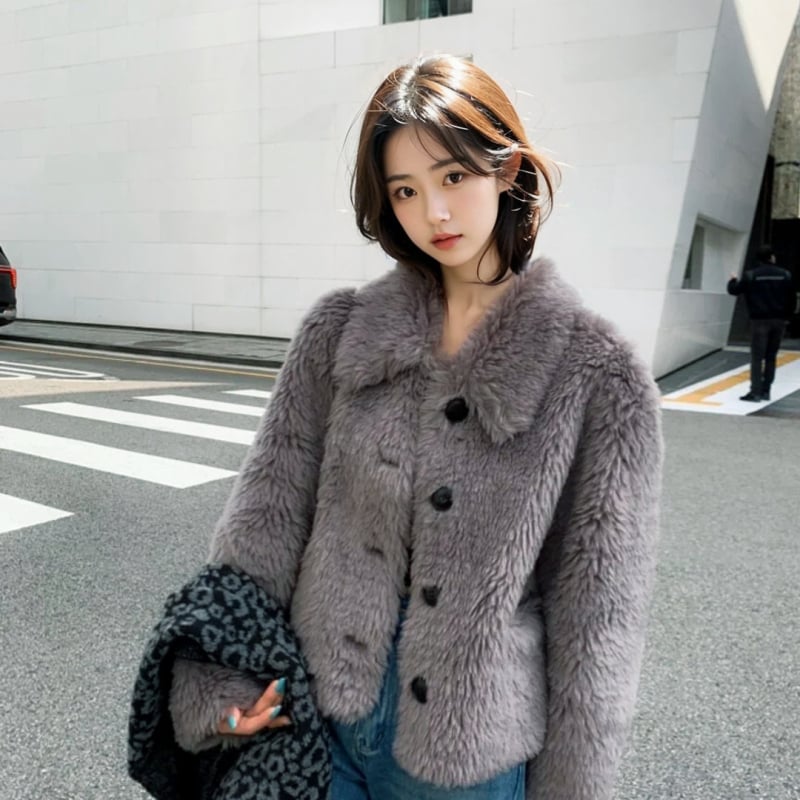 Palton de femei din lână cu blană de miel, stil Tosca scurt, cu blană integrată pentru iarnă, mâneci lungi, guler polo