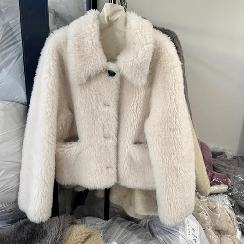 Palton de femei din lână cu blană de miel, stil Tosca scurt, cu blană integrată pentru iarnă, mâneci lungi, guler polo