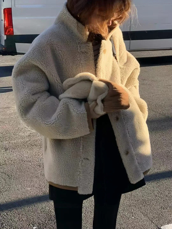 Palton reversibil lejer pentru femei, din lână de miel, cu guler lapel, lungime medie, mâneci lungi, material poliester, Iarna 2025