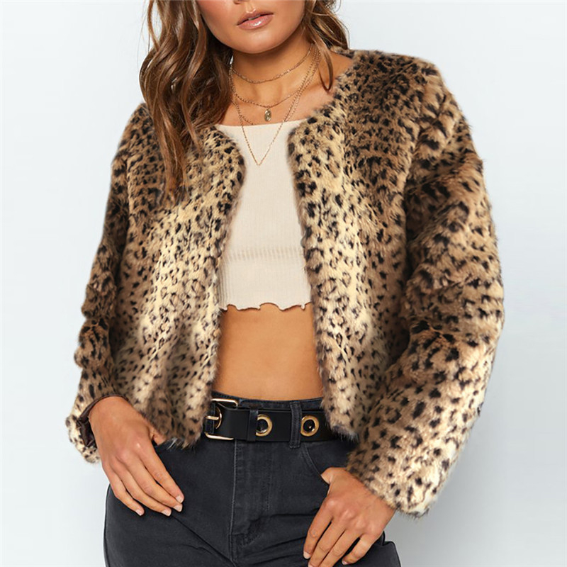 Kaput s leopard uzorkom umjetne krznine, dugi rukavi, okrugli ovratnik, Chenille tkanina, smjesa spandeksa