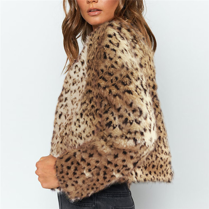 Kaput s leopard uzorkom umjetne krznine, dugi rukavi, okrugli ovratnik, Chenille tkanina, smjesa spandeksa