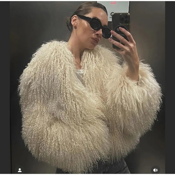 Ženski kaput od umjetnog krzna, okrugli ovratnik, dugi rukavi, kratka dužina, gradski stil, jesen 2024