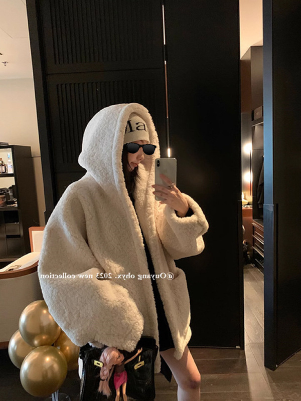 Палто от полиестер с качулка за жени, свободен силует, средна дебелина, едноцветно, ежедневен стил