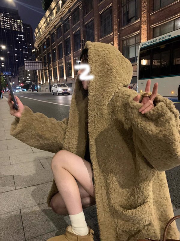 Палто от полиестер с качулка за жени, свободен силует, средна дебелина, едноцветно, ежедневен стил