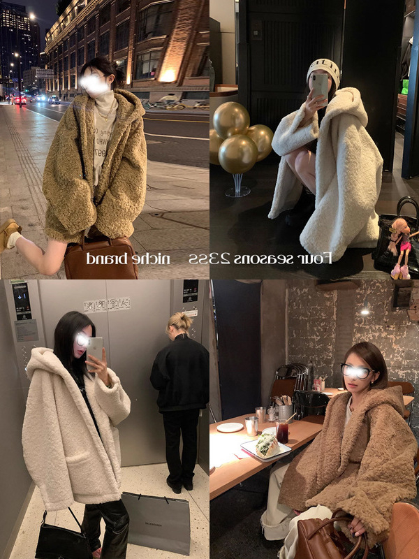 Палто от полиестер с качулка за жени, свободен силует, средна дебелина, едноцветно, ежедневен стил